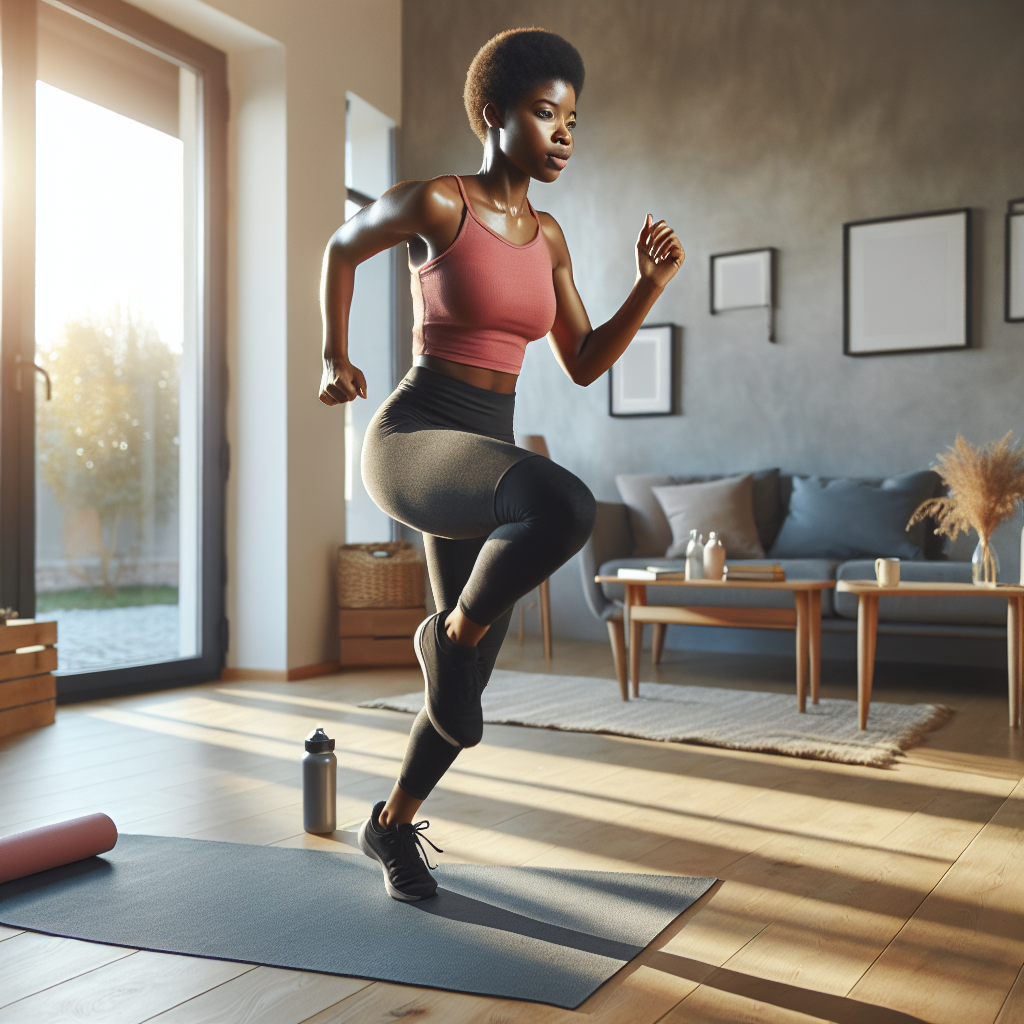 Ai picture showing a mother doing fitness at home.